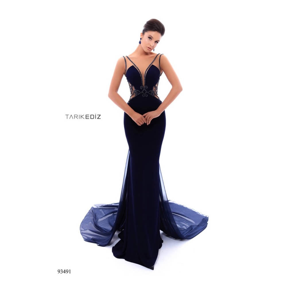 Tarik Ediz navy evening gown